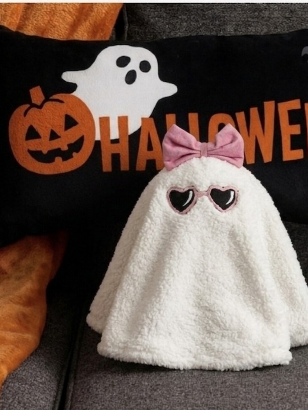 Halloween Ghost With Pink Bow & Heart Shaped Sunglasses Plush Pillow Decor NWT